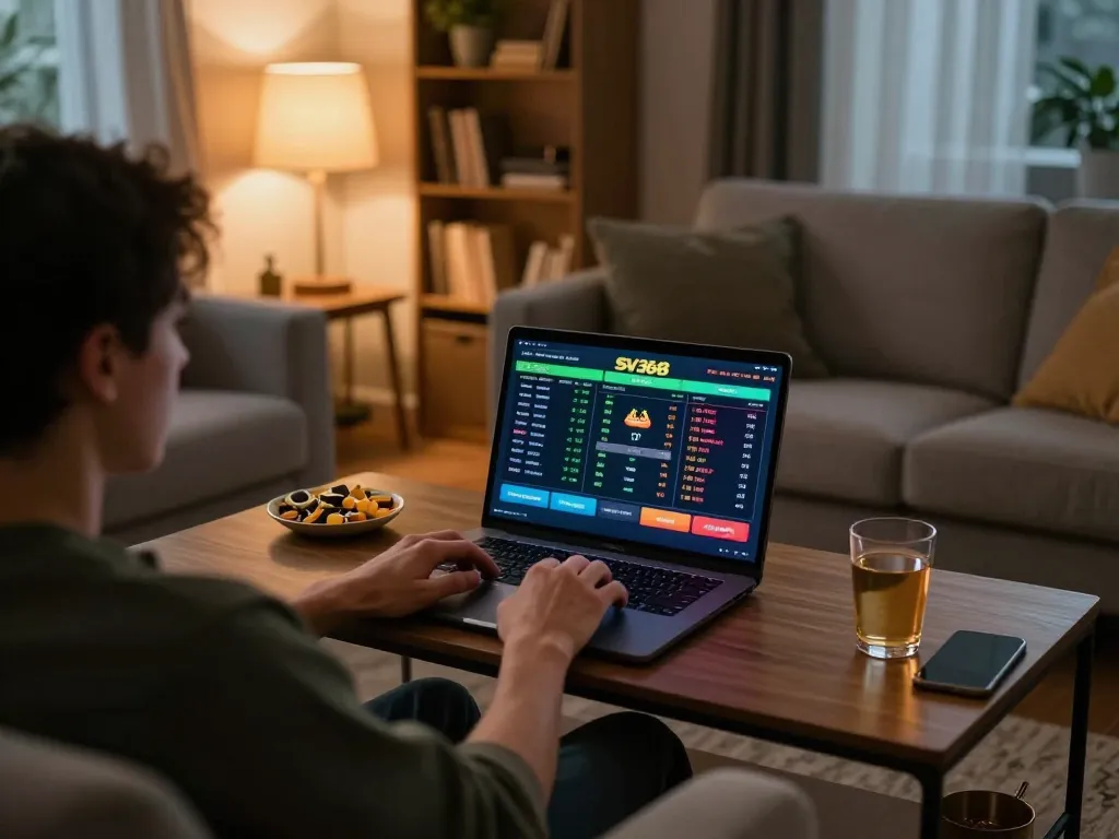 Engaging in sports betting on SV368 from a cozy home setting, highlighting a relaxed online gaming experience.