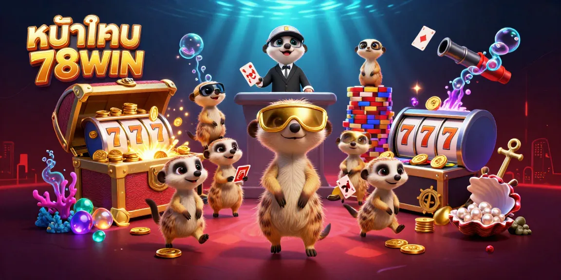 Experience the thrill of หน้าแรก 78WIN with dynamic meerkats running a colorful casino scene filled with slots and treasures.