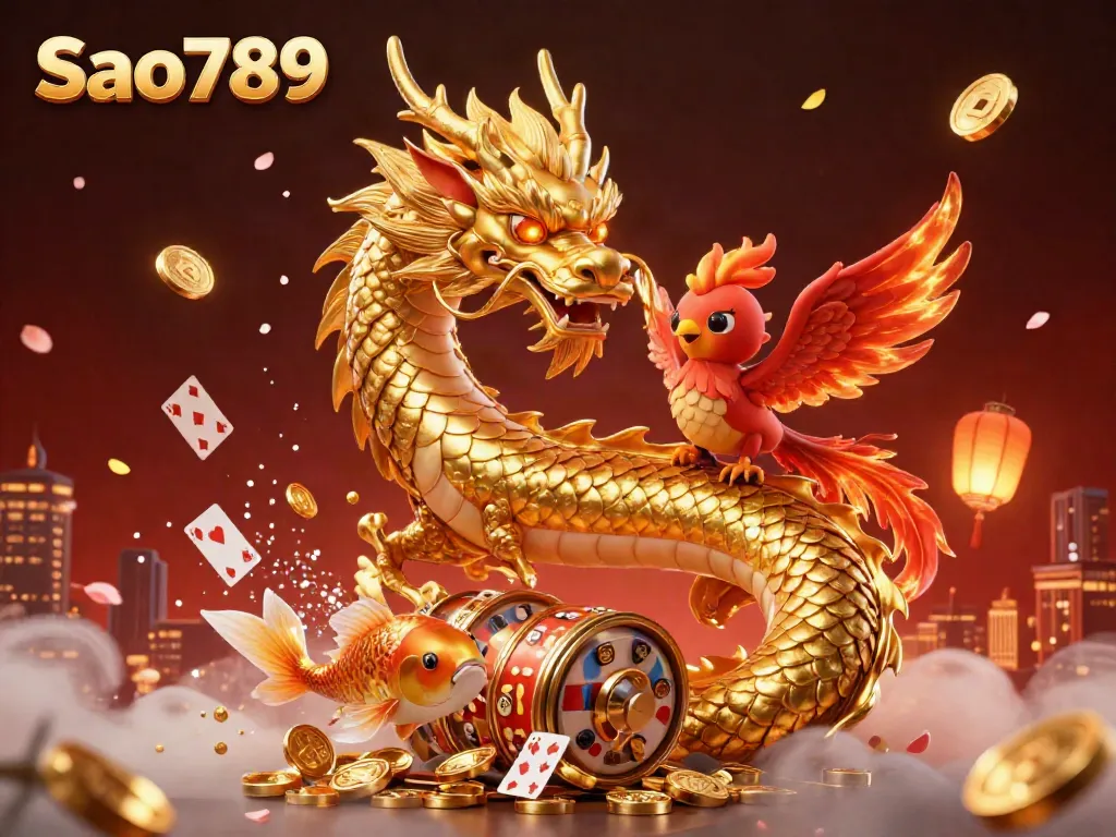 Play thrilling games at Sao789 with an enchanting 3D illustration of a golden dragon amidst dynamic casino elements.