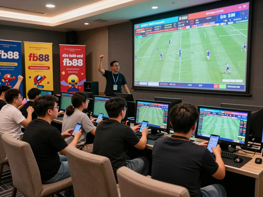 Engaged gamblers placing bets for kèo nhà cái fb88 during live sports event in modern betting lounge.