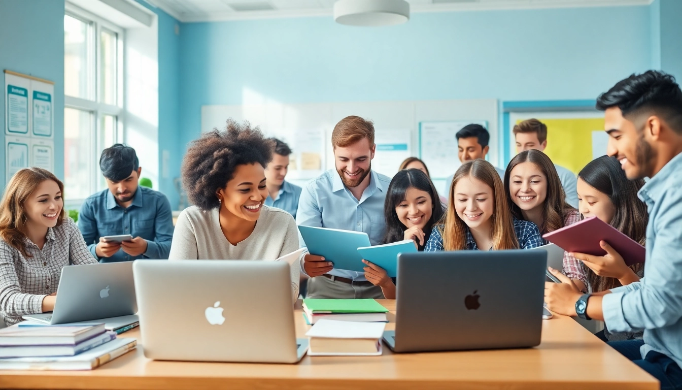 Diploma kopen via Telegram in een moderne klasomgeving met diverse studenten die actief deelnemen aan hun opleiding.