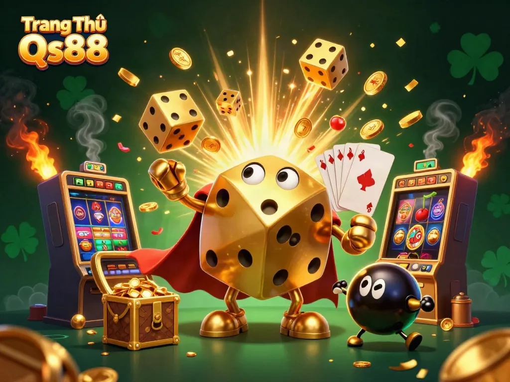 Experience the excitement at Trang Chủ Qs88 with lively characters and a dramatic casino scene filled with games and treasures.