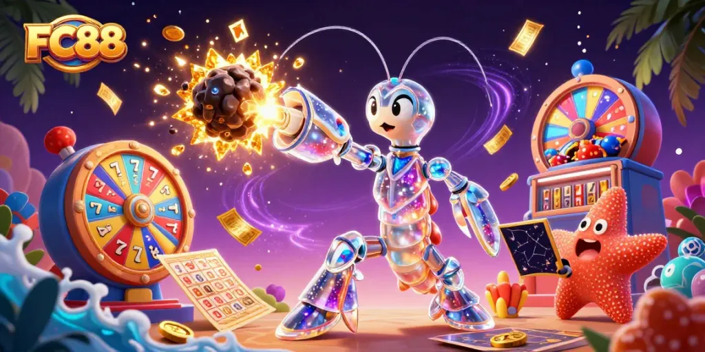 Immerse in the vibrant world of FC88 with dazzling slots, coins, and lively characters.