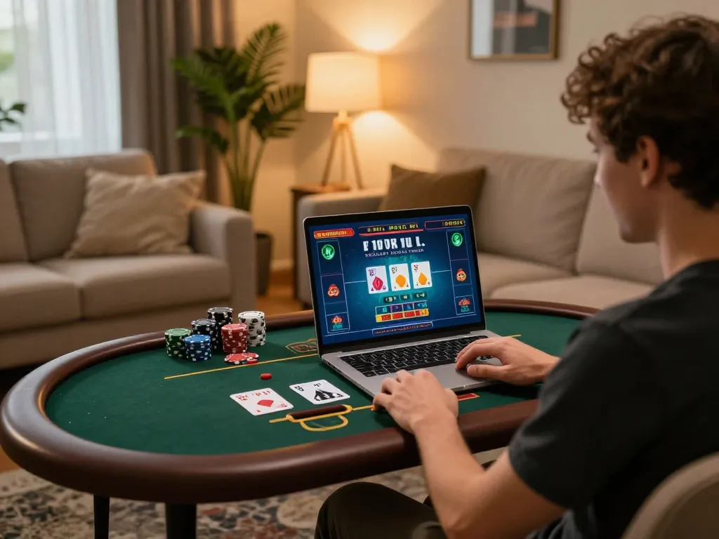 Player engaging in online gaming at home with p789bet interface visible, cozy environment.