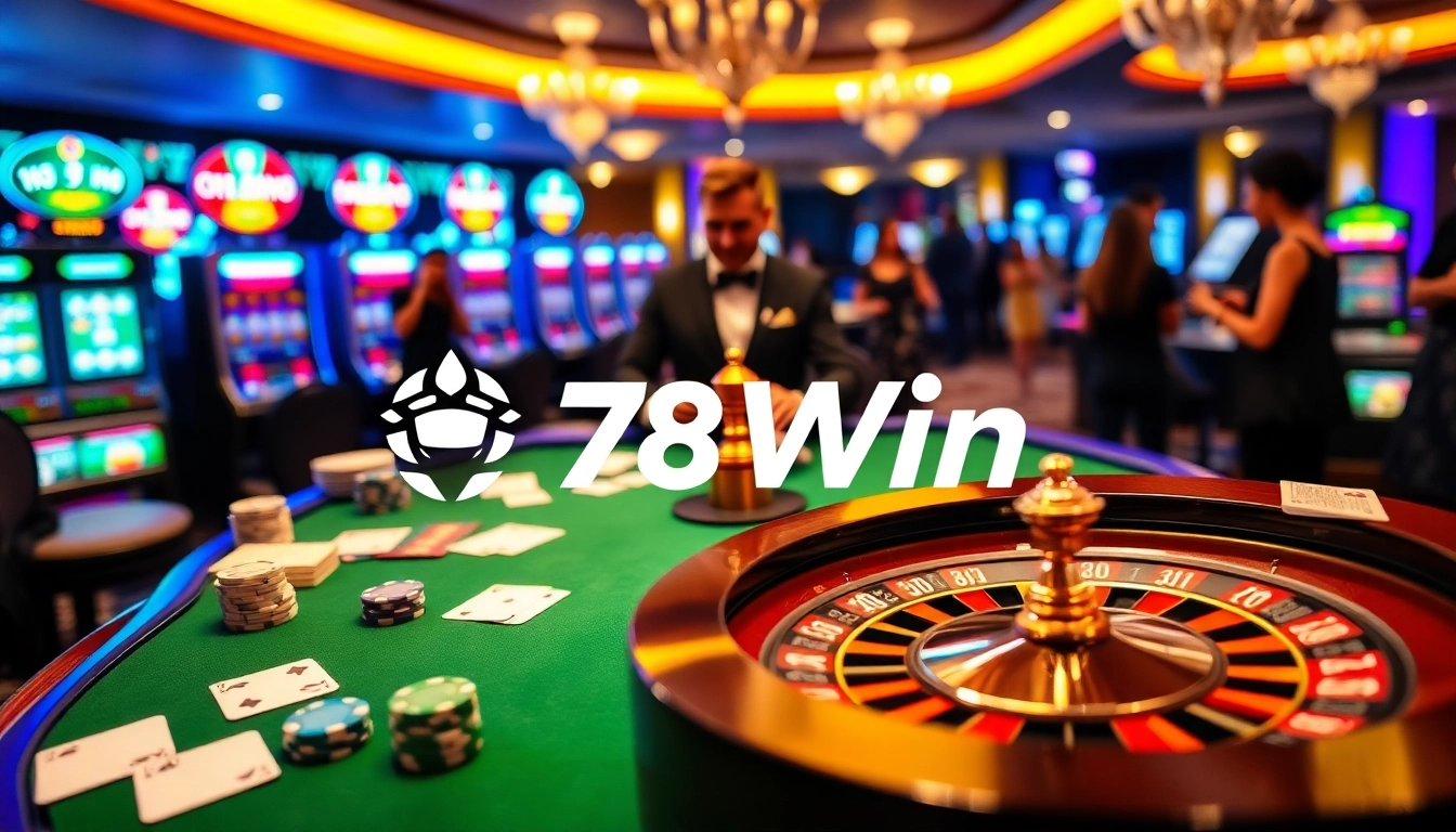 Experience the thrill of 78Win with a vibrant casino scene featuring poker and roulette.