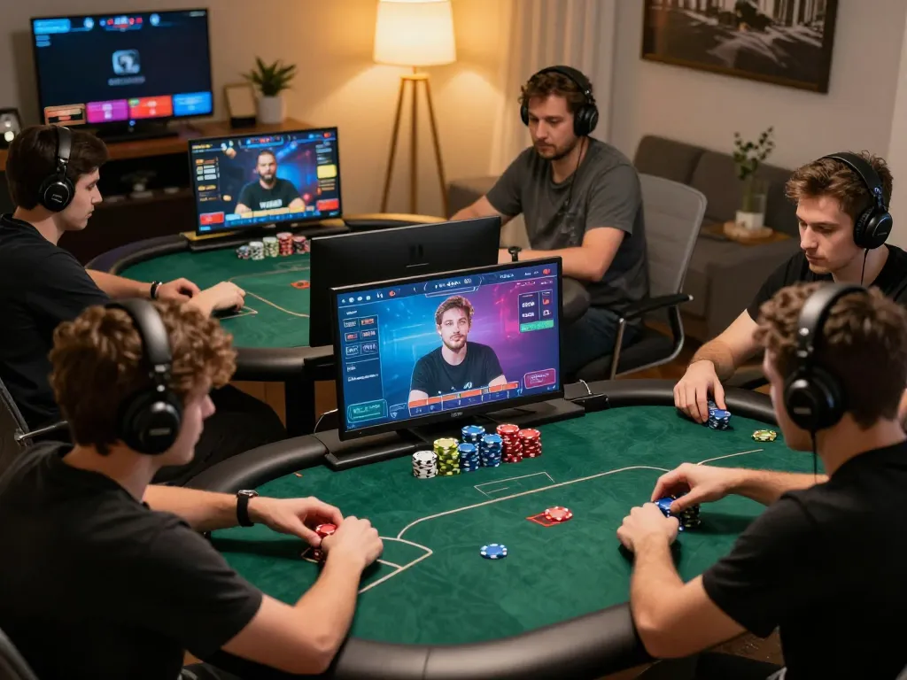Engaged players competing in live online poker at Uk88, showcasing vibrant screens and cozy homes.