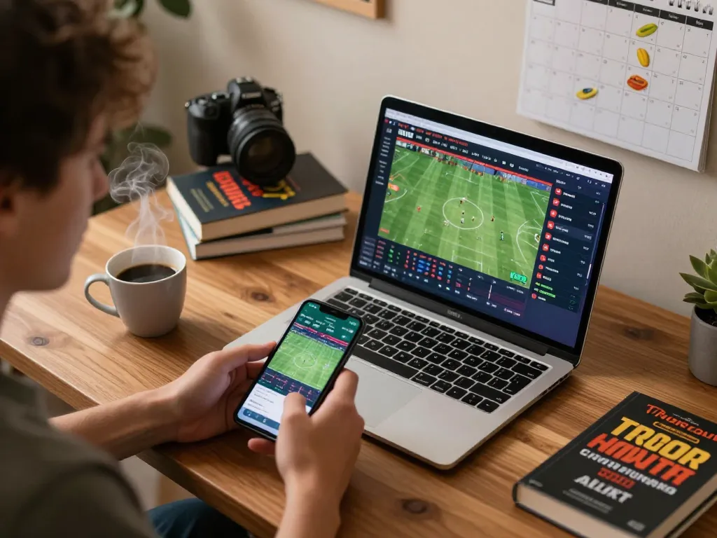 Excited player engaging in sports betting using da88 platform on a laptop while analyzing apps