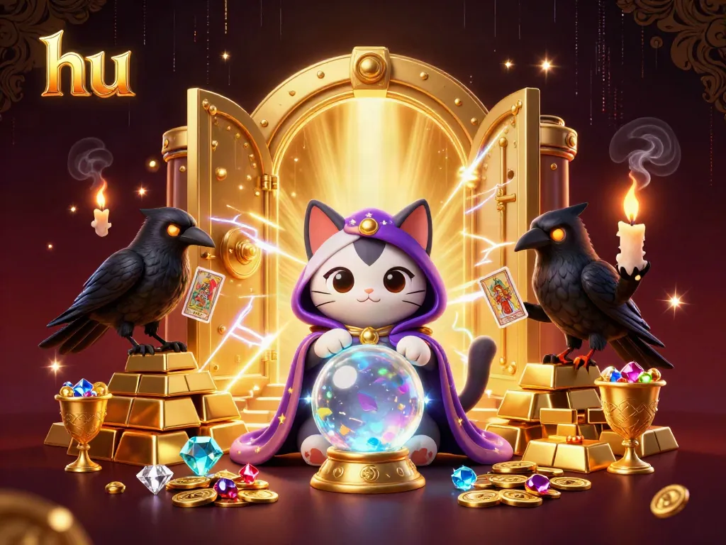 Engage in thrilling gameplay at hu with a vibrant scene featuring a mystical cat and jewels.