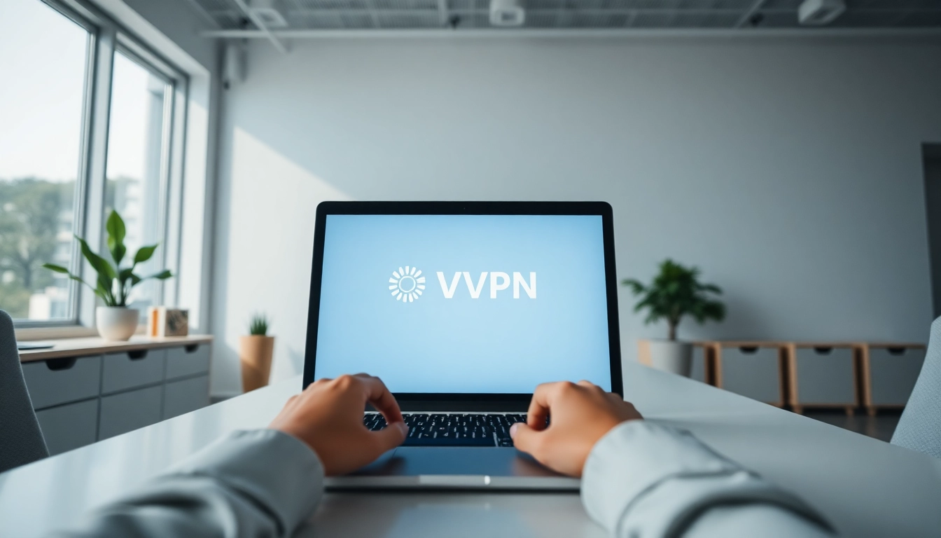 快连下载：在明亮的办公环境中，用户在笔记本电脑上连接 VPN 的场景。