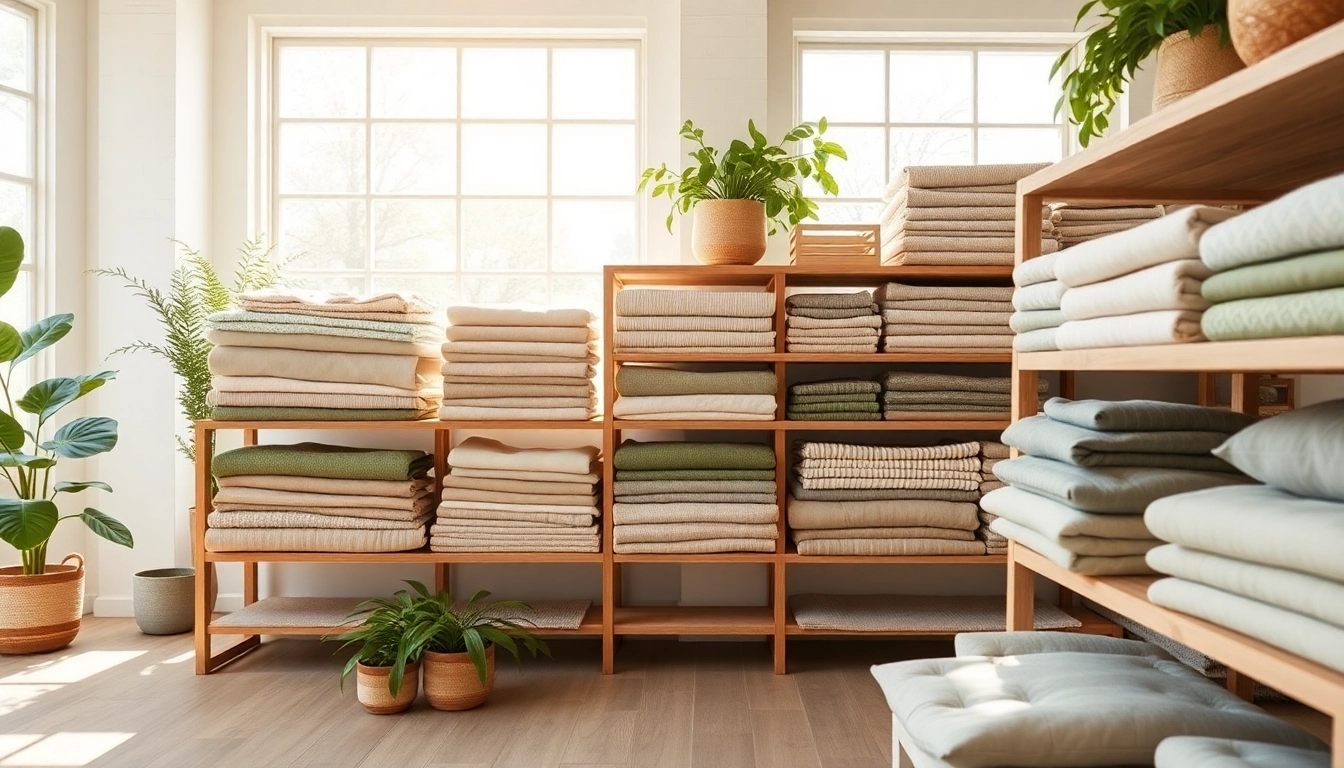 Duurzame stoffen in een helder atelier met diverse texturen en kleuren.