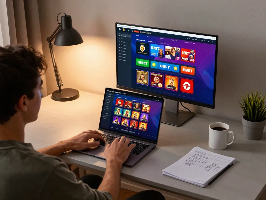 Engaged player using the 9BET platform on laptop with vibrant casino graphics in a cozy home setup.