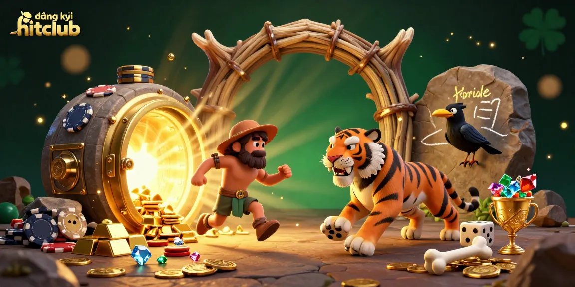 Experience the excitement of đăng ký hitclub with this vibrant casino scene showcasing a caveman and his saber-tooth tiger in action.