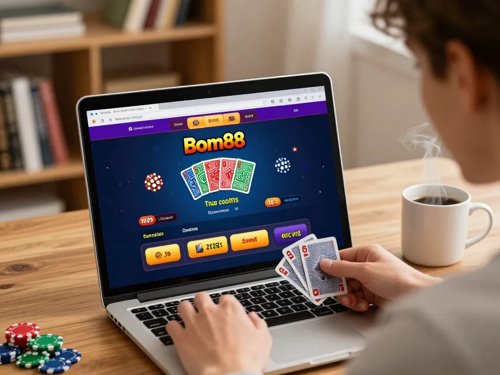 Bom88 player focused on online gaming strategy with cards and chips at home