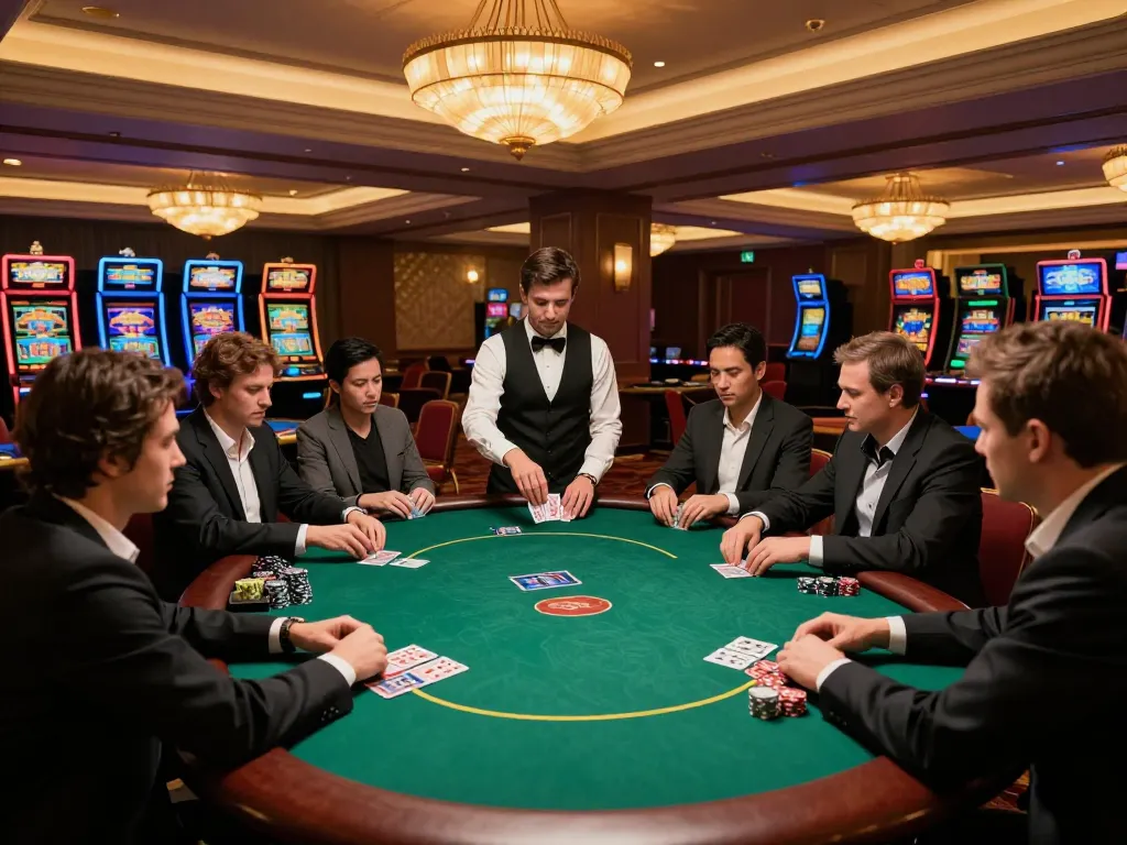 Experience the thrill of responsible gambling at vin88sa with players strategizing in an upscale poker game.