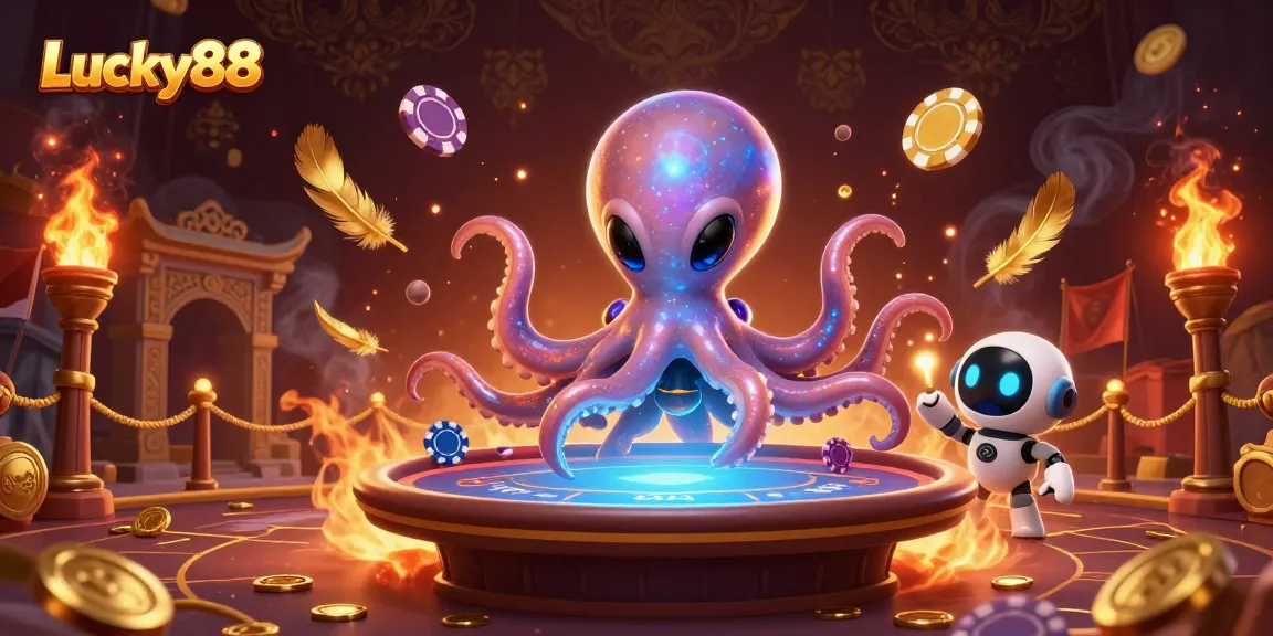 Lucky88 players experiencing vibrant gambling action with a 3D octopus at a poker table.