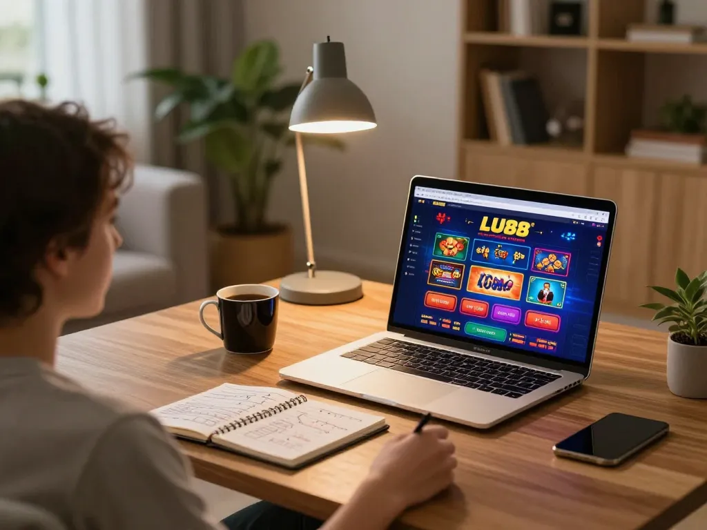 A player explores the LU88 online casino interface on a laptop, showcasing a comfortable home gaming environment
