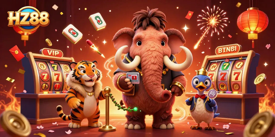 Experience the exciting world of HZ88 with a bustling casino scene featuring vibrant characters and dynamic slots.