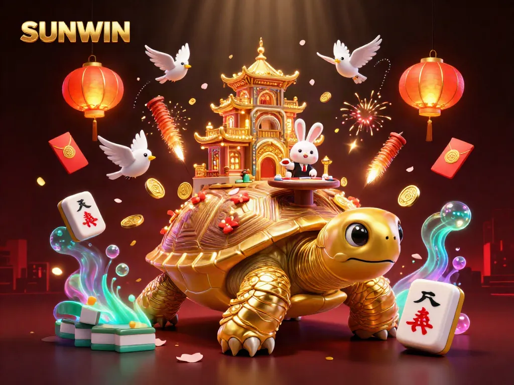 SUNWIN casino illustration featuring a golden tortoise with a mini casino, a rabbit dealer, and vibrant game elements.