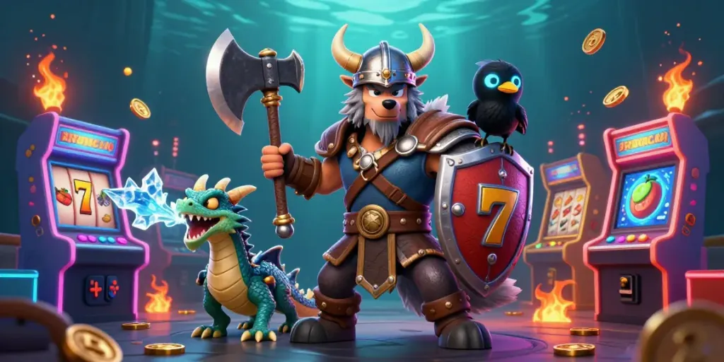 Engage with b52club-m7's thrilling slots featuring a Viking wolf and dragon in a dynamic 3D illustration.
