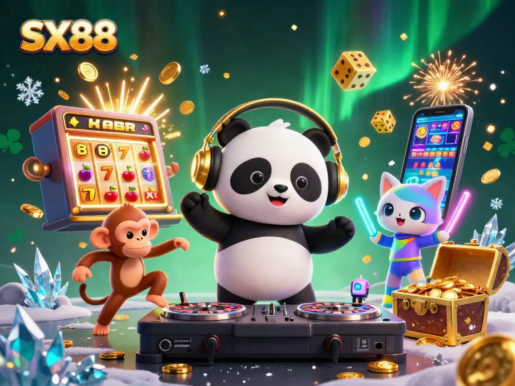 SX88 showcases a vibrant scene with DJ panda, breakdancing monkey, and kitten amid explosive casino visuals