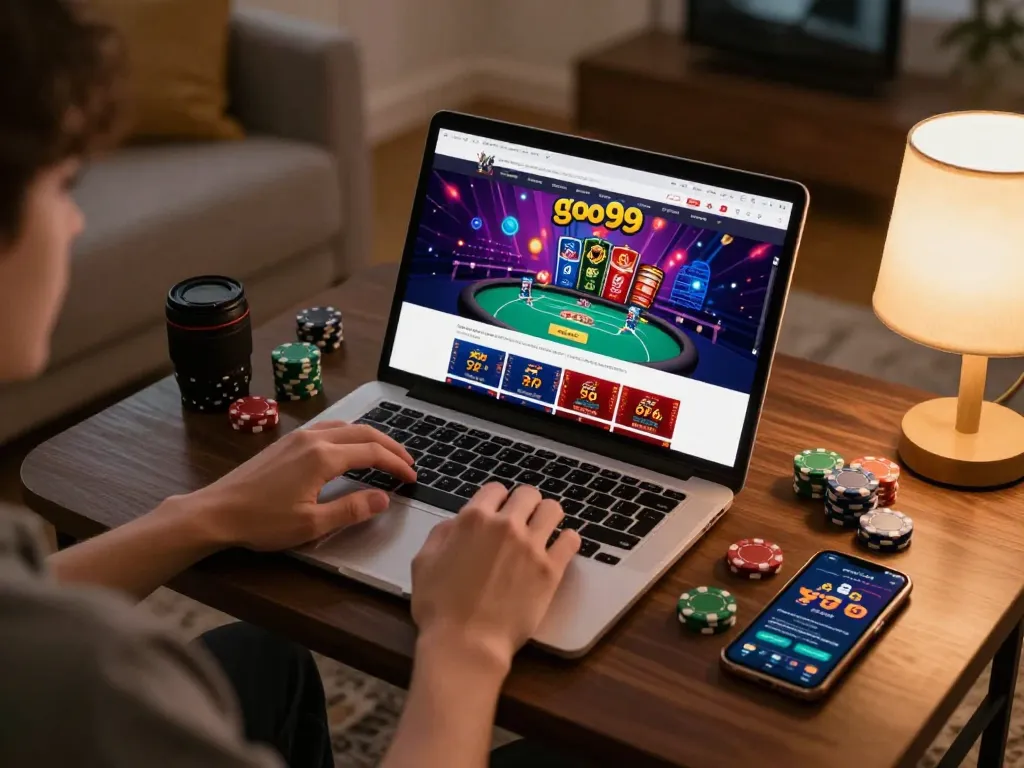 Engaging with go99 online casino interface on a laptop in a cozy home gaming setup.
