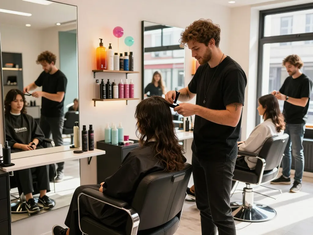 Stijlvolle salon met een kapper die haar knipt voor een klant, ideaal voor het vinden van een kapper in de buurt.