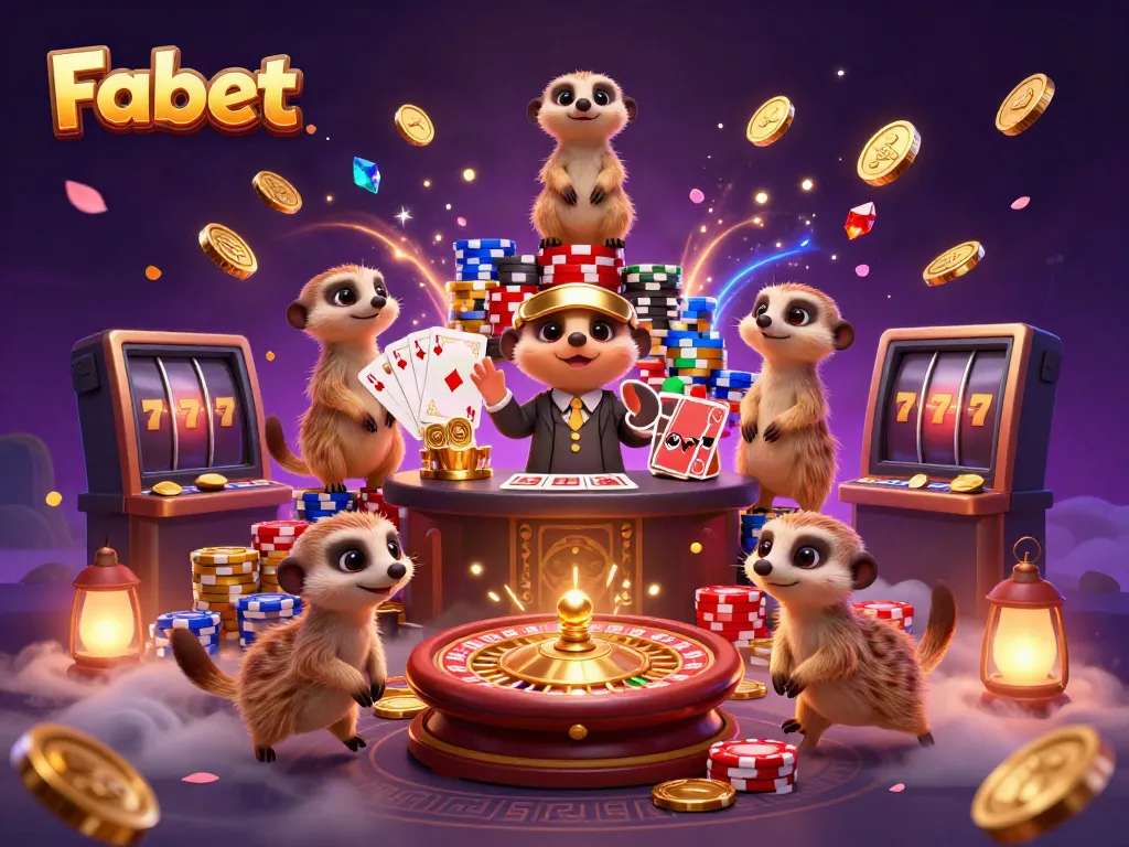 Clever meerkats manage a lively Fabet casino scene with vibrant gaming elements, showcasing excitement and gambling action.