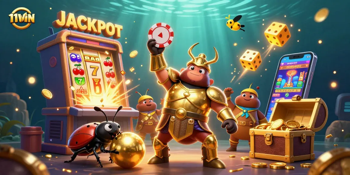Experience the thrill of 11WIN as the heroic beetle celebrates a big win in a vibrant casino scene!
