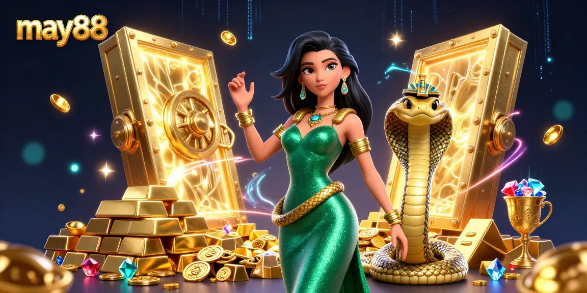 Experience the thrill of may88 with dazzling casino treasures and enchanting characters in a vibrant illustration.
