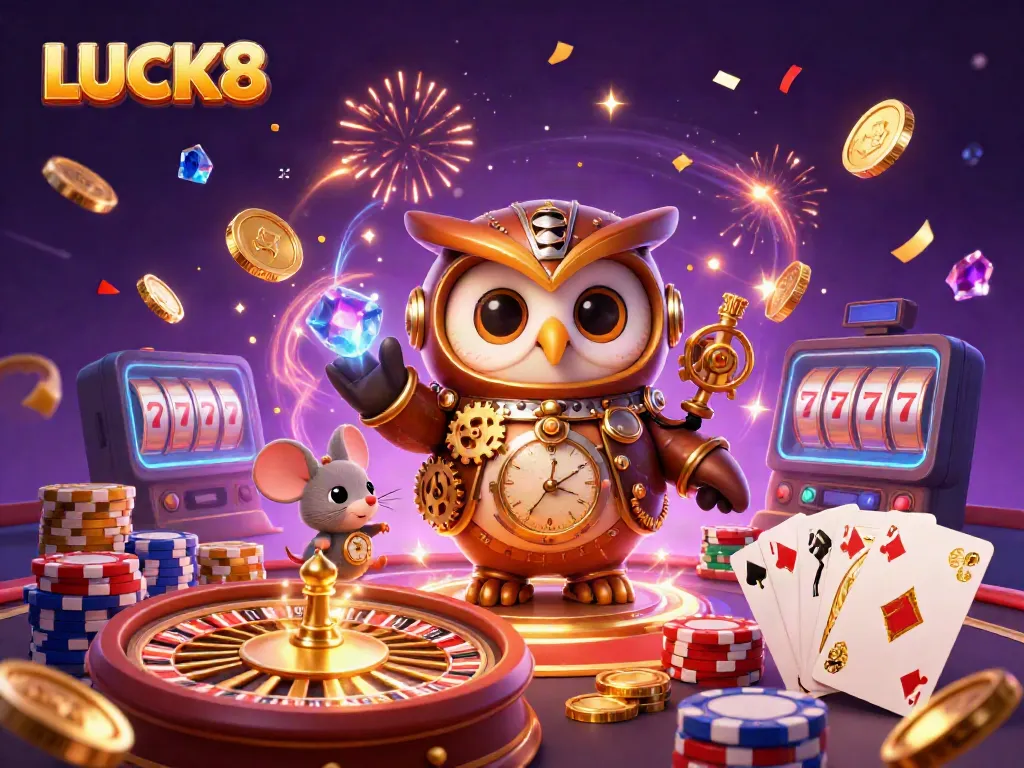 Experience LUCK8's vibrant, animated casino action with a time-traveler owl and dynamic game elements.