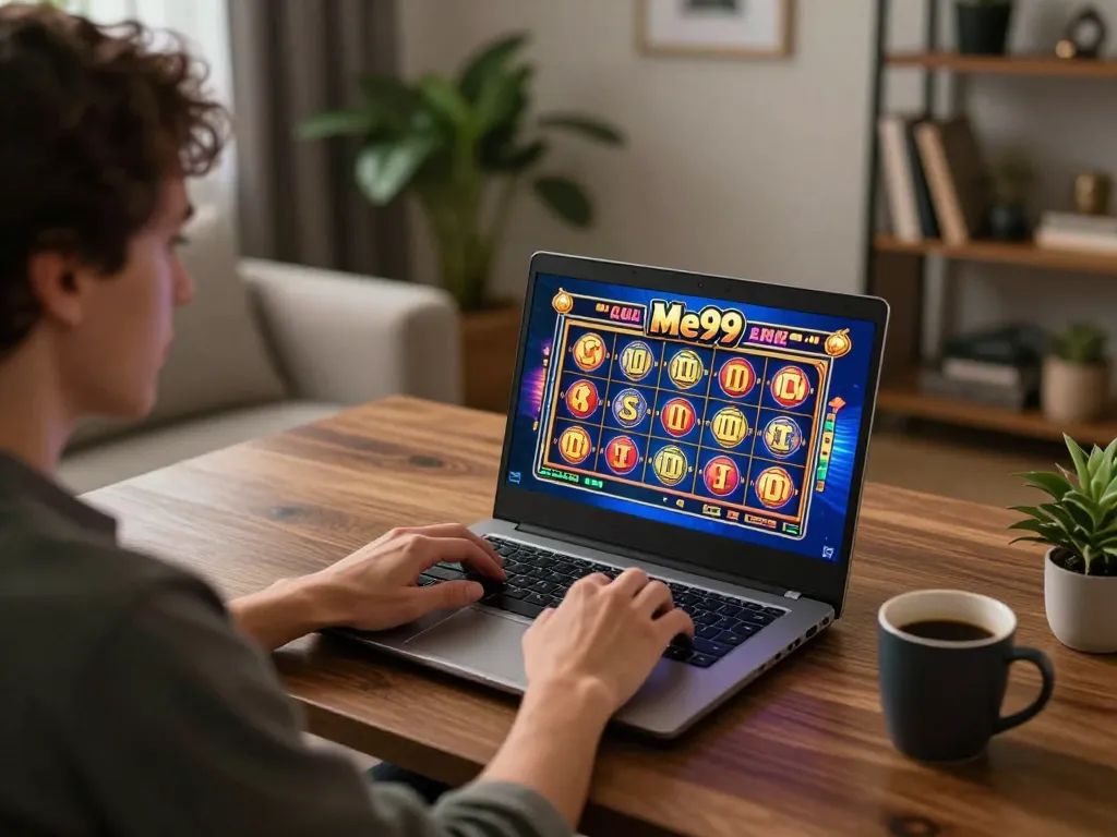 Playing slot games at Me99 Casino in a cozy home environment with strategic focus.