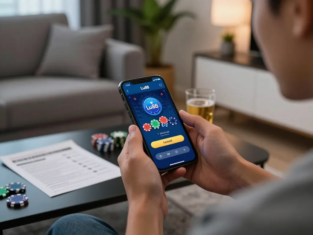 Using Lu88 đăng nhập on smartphone at home, featuring engaging gaming interface and strategy notes.