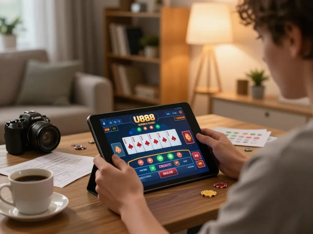 Player engaged in online gaming with U888 tablet interface, showcasing poker strategies and cozy home environment.