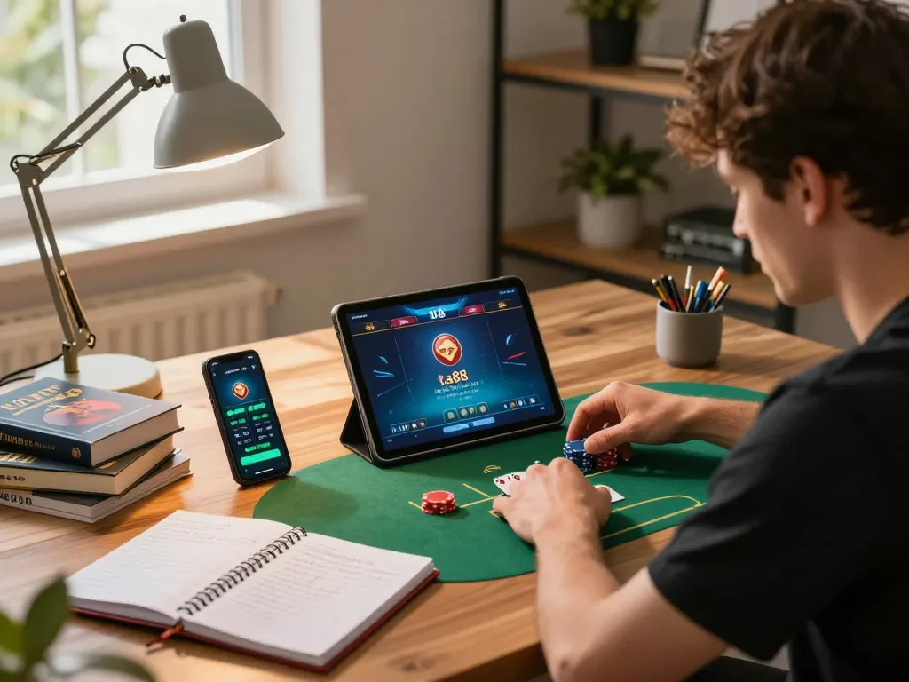 Player engaged in an online poker game using ta88 app, showcasing exciting gameplay and strategic focus.
