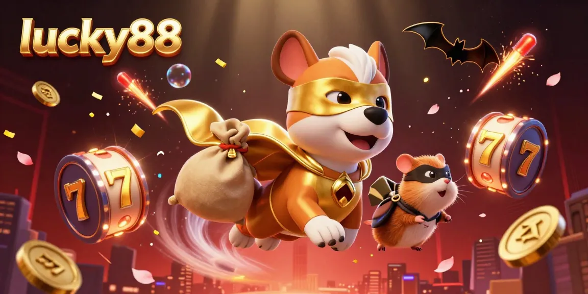 Engage in thrilling gaming visuals as lucky88 comes alive with a cartoon superhero dog and gold coins.