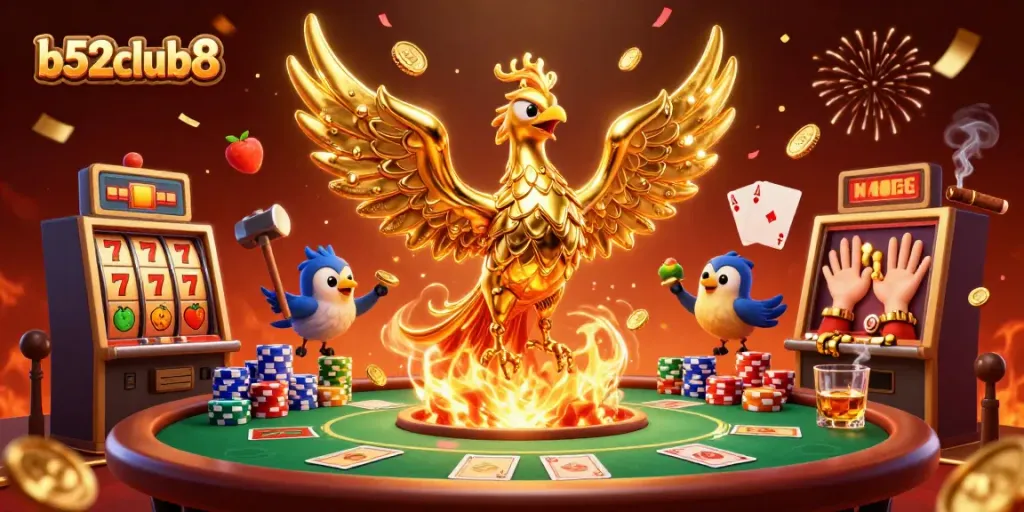 Experience thrilling slots and jackpots at b52club8 with vibrant gaming visuals and golden phoenix.