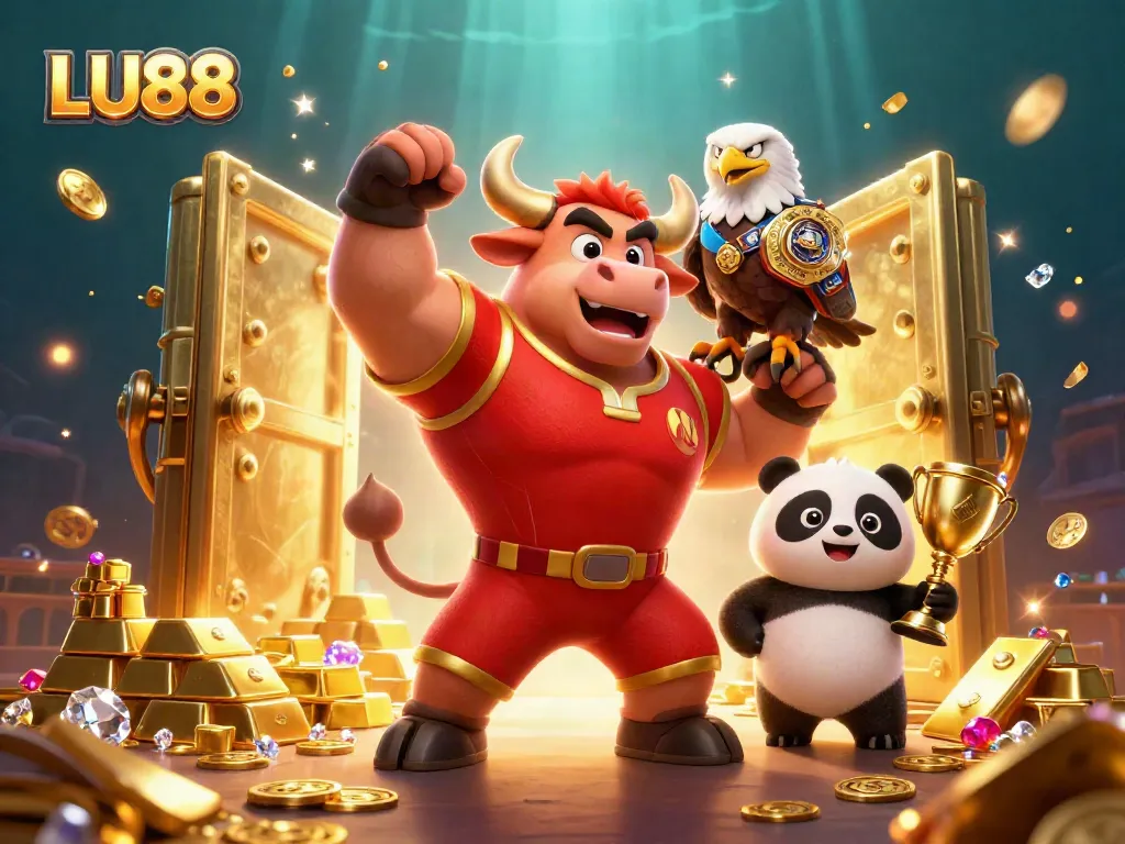 Win big with LU88 at this vibrant casino-themed illustration featuring dynamic characters and gold treasures.