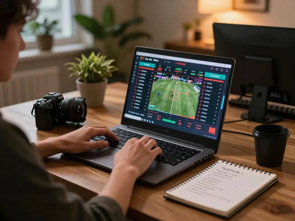 An engaged gambler explores sports betting strategies on the O8 platform with a laptop and notes.