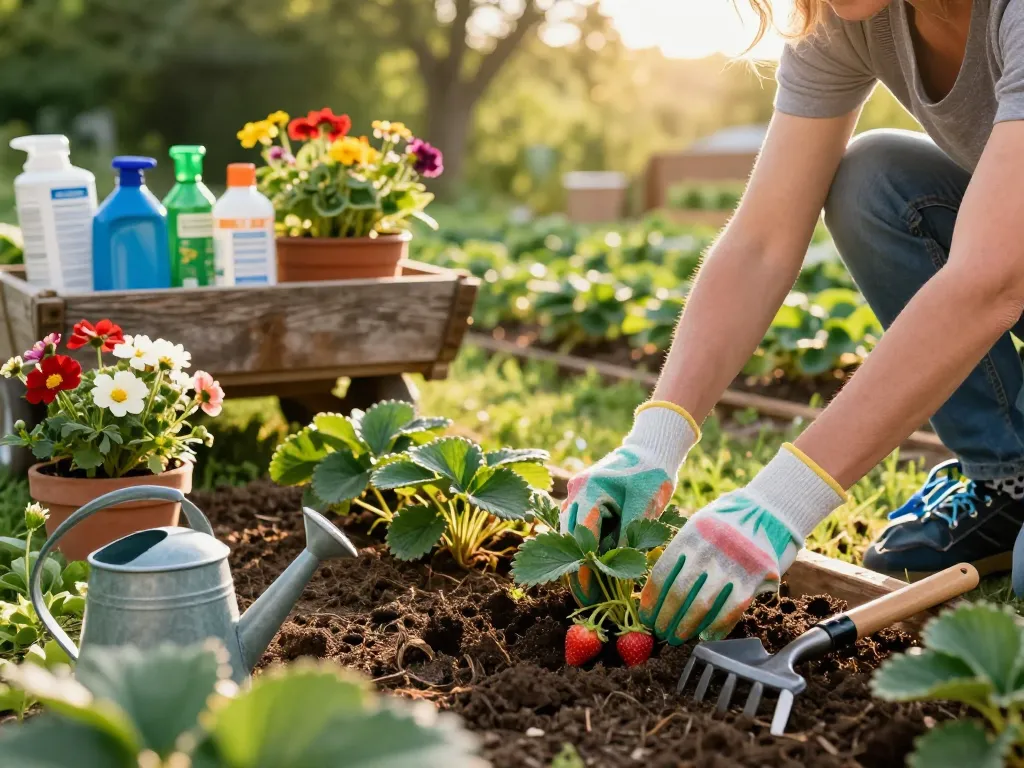 Experience the joy of aardbeienplanten kopen in a vibrant home garden scene with a gardener planting fresh strawberry plants.