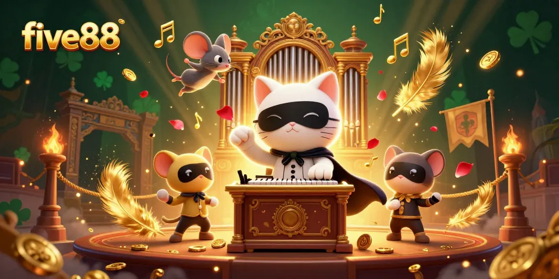 Experience the thrill of five88 with dynamic casino action featuring a masked cat and acrobat amidst lavish details.