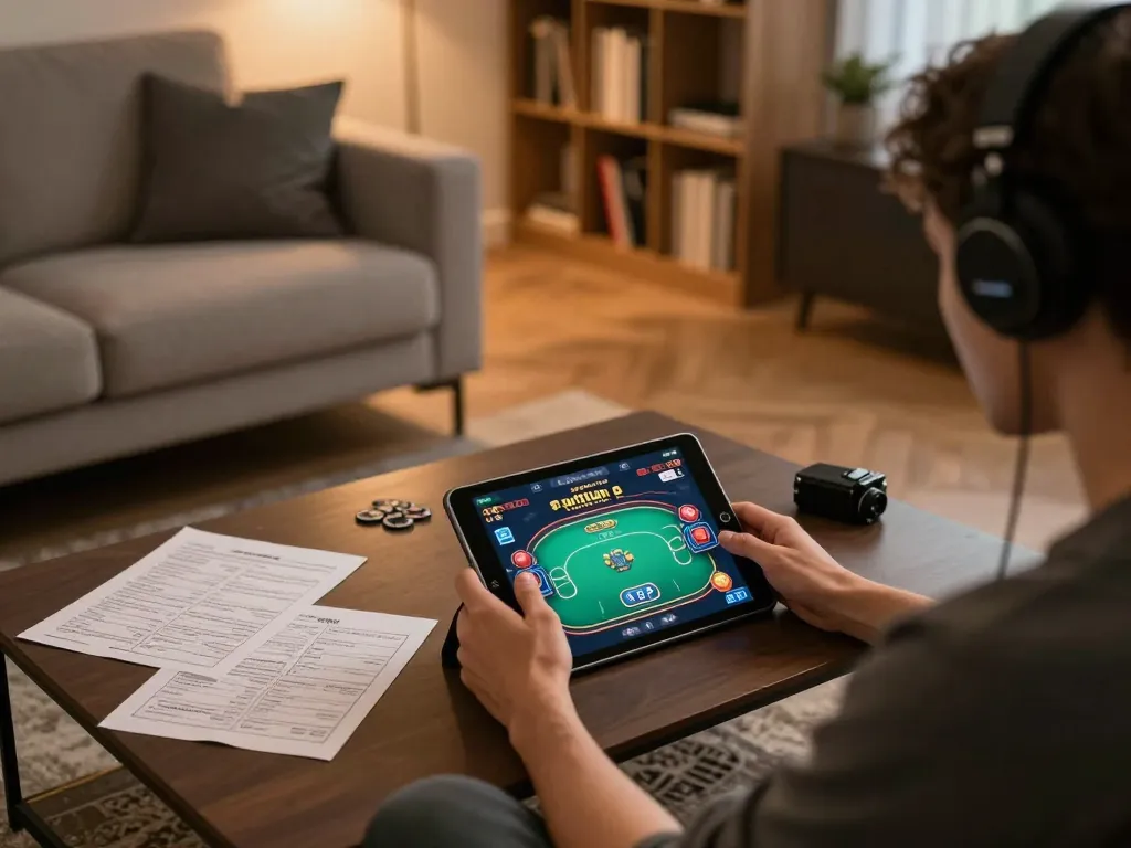 Engaged player experiencing 28bets online poker in a cozy home setting with strategy notes.