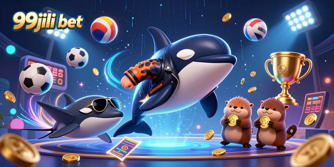 Engage with 99jili bet in this lively illustration featuring an orca, stingray, and otters amidst dynamic sports betting elements.
