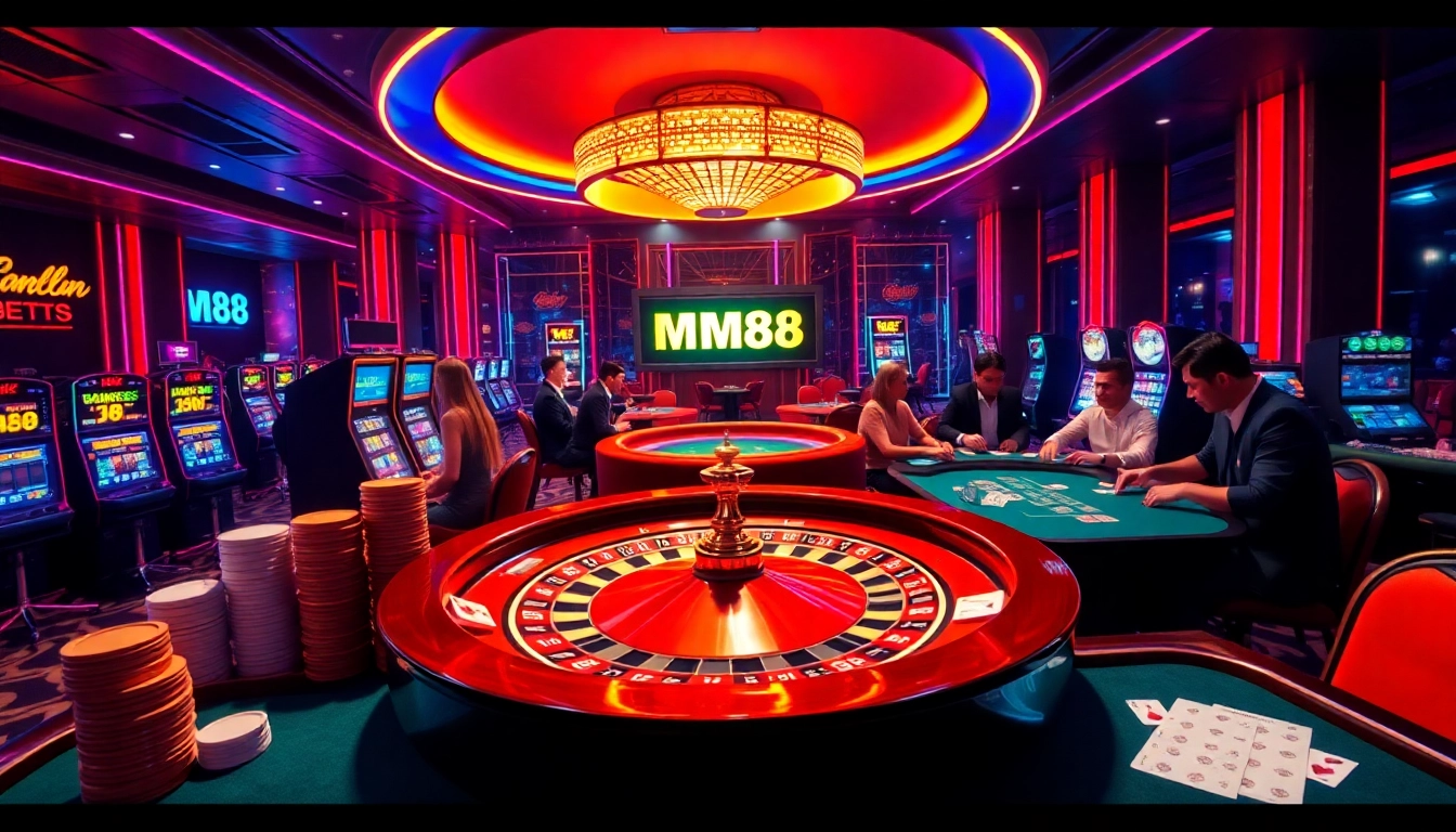 Experience thrilling gaming at MM88's modern casino with poker chips and roulette tables.