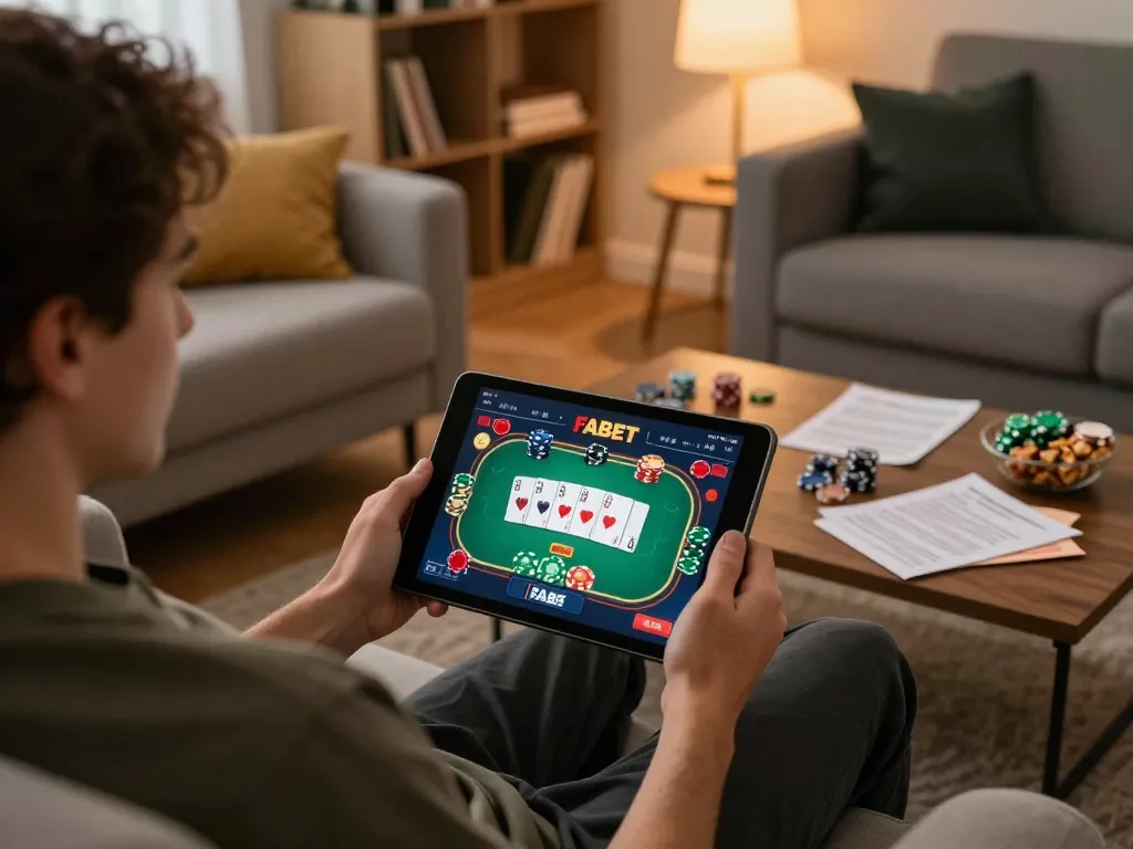 Engaging in poker gameplay on FABET using a tablet at home in a cozy setup.