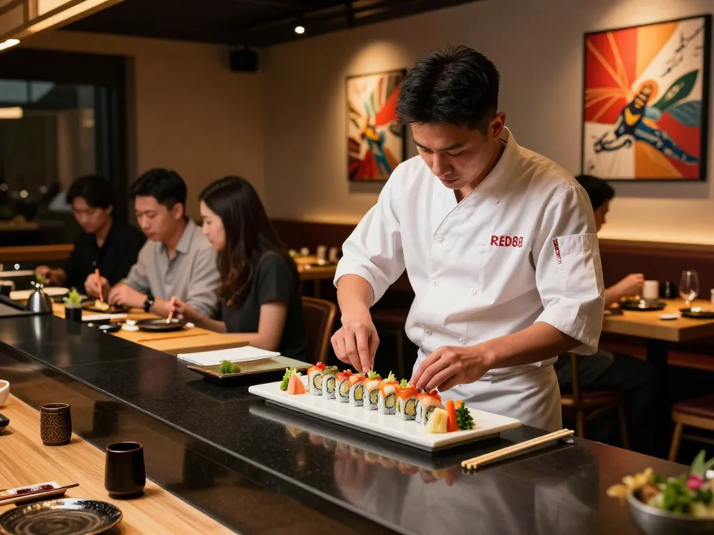Chef plating sushi at RED88 restaurant in vibrant setting