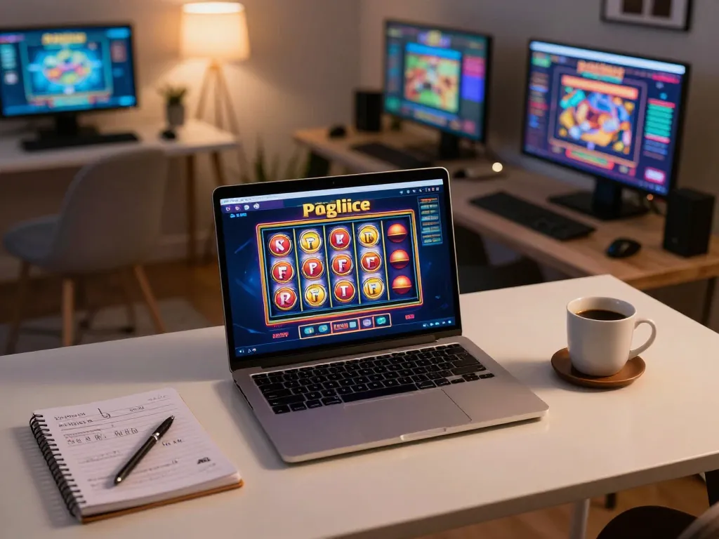 Experience online gaming with LLwin on a laptop during a cozy evening, revealing vibrant slots interface.