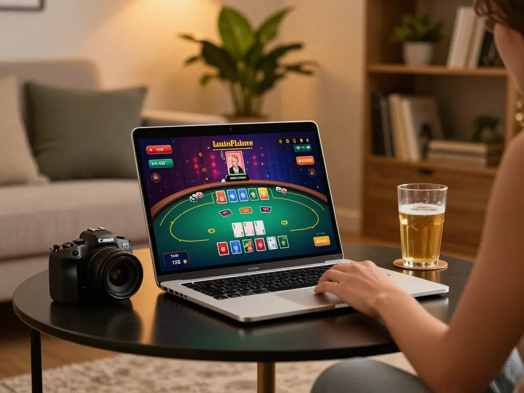 W188 online casino gaming experience with a laptop displaying a live dealer game, emphasizing a comfortable setting.