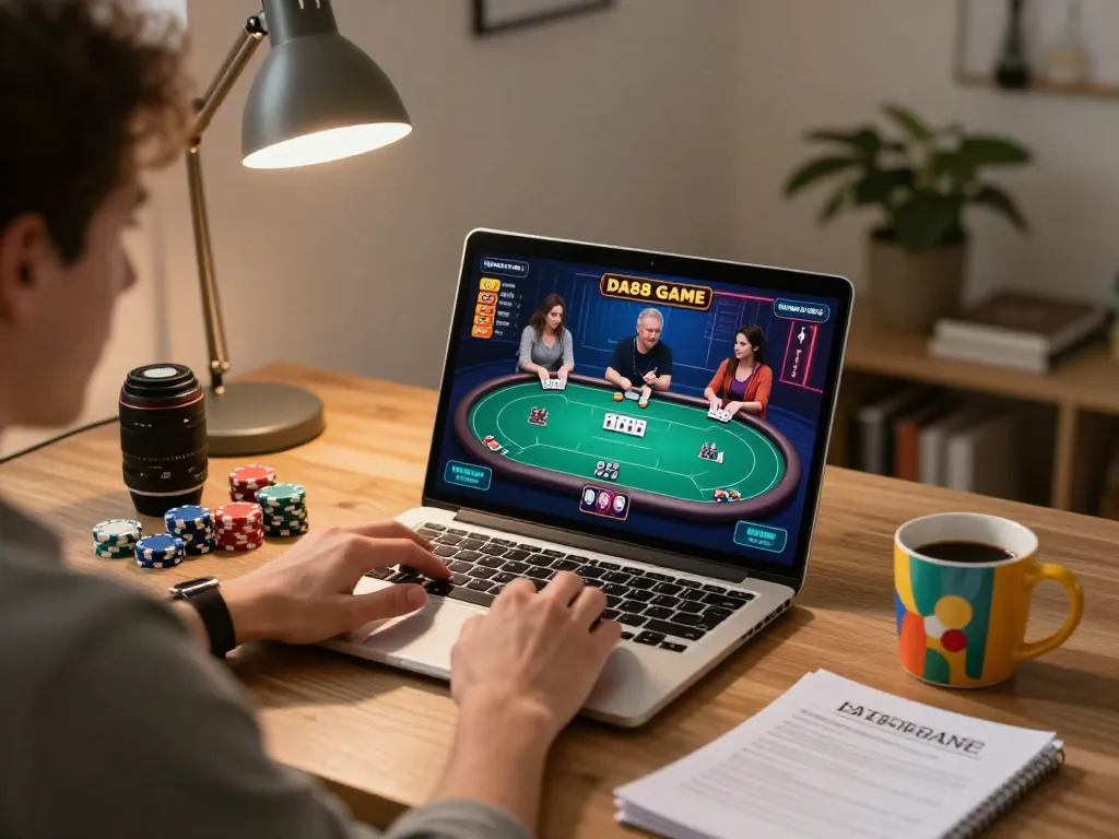 Engaging in DA88 GAME online poker while surrounded by strategy notes and chips in a cozy home office.