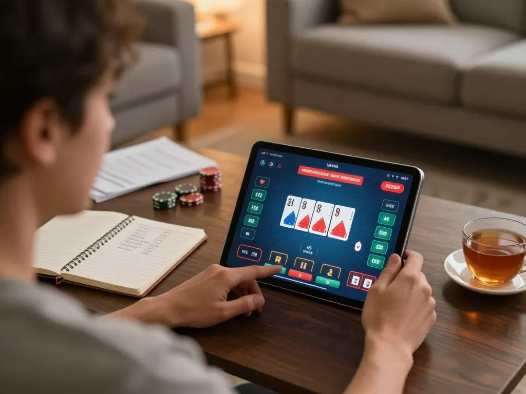 Engaging in poker gameplay on 13win.com from a cozy home setup with strategy notes visible.