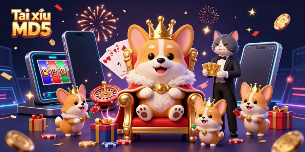 Experience Tài xỉu MD5 as a royal corgi and cat butler celebrate gaming fun.
